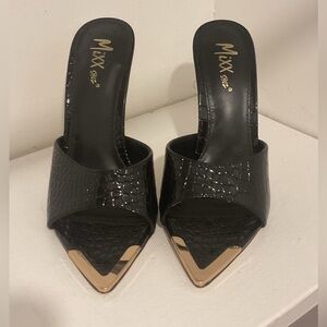 Black & Gold High Heel  Mule Stiletto Pointed Open Toe Sandals Slides Pump Shoe